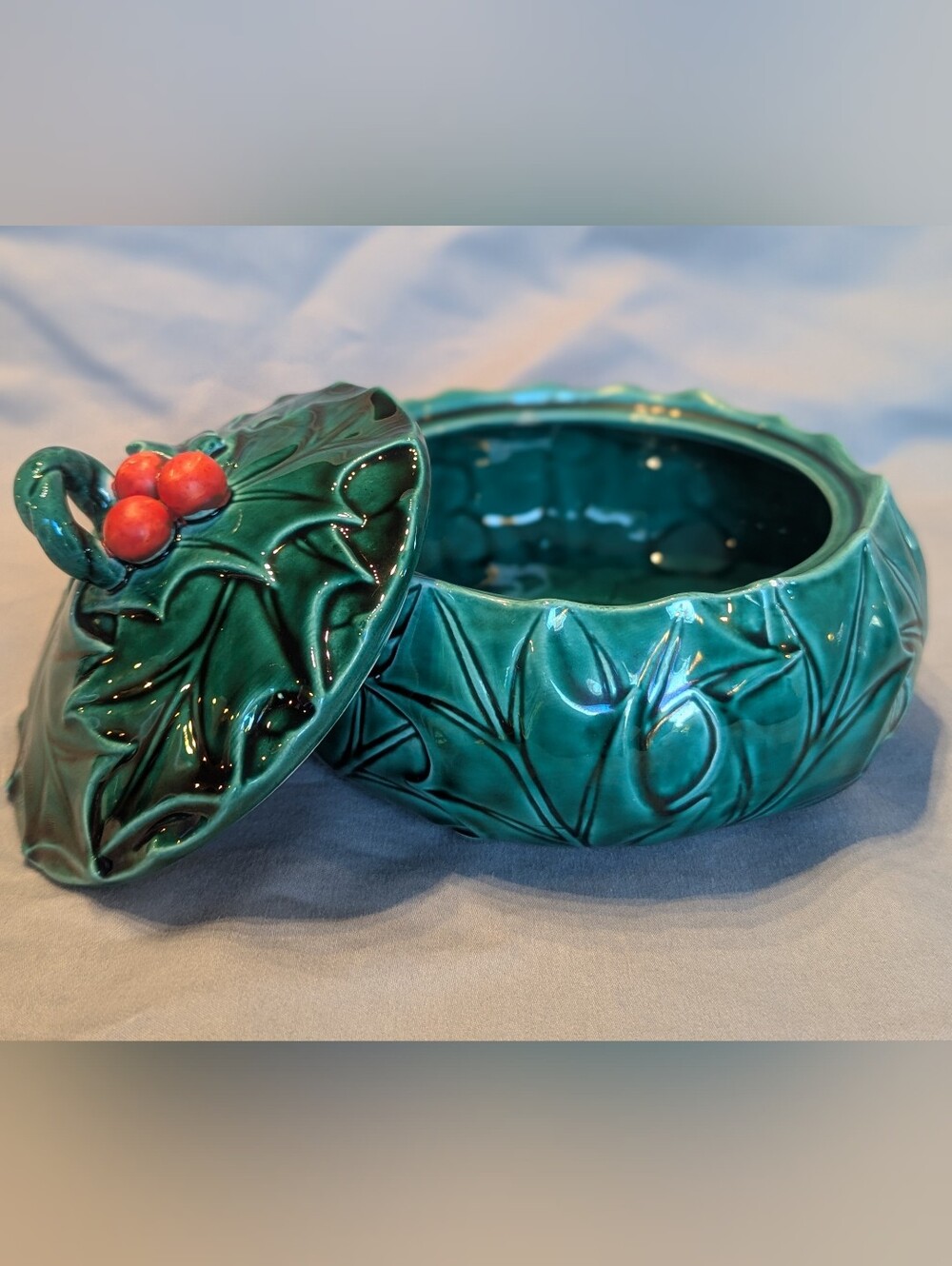 Vintage Lefton Holly & Berry Trinket Bowl W/Lid Christmas